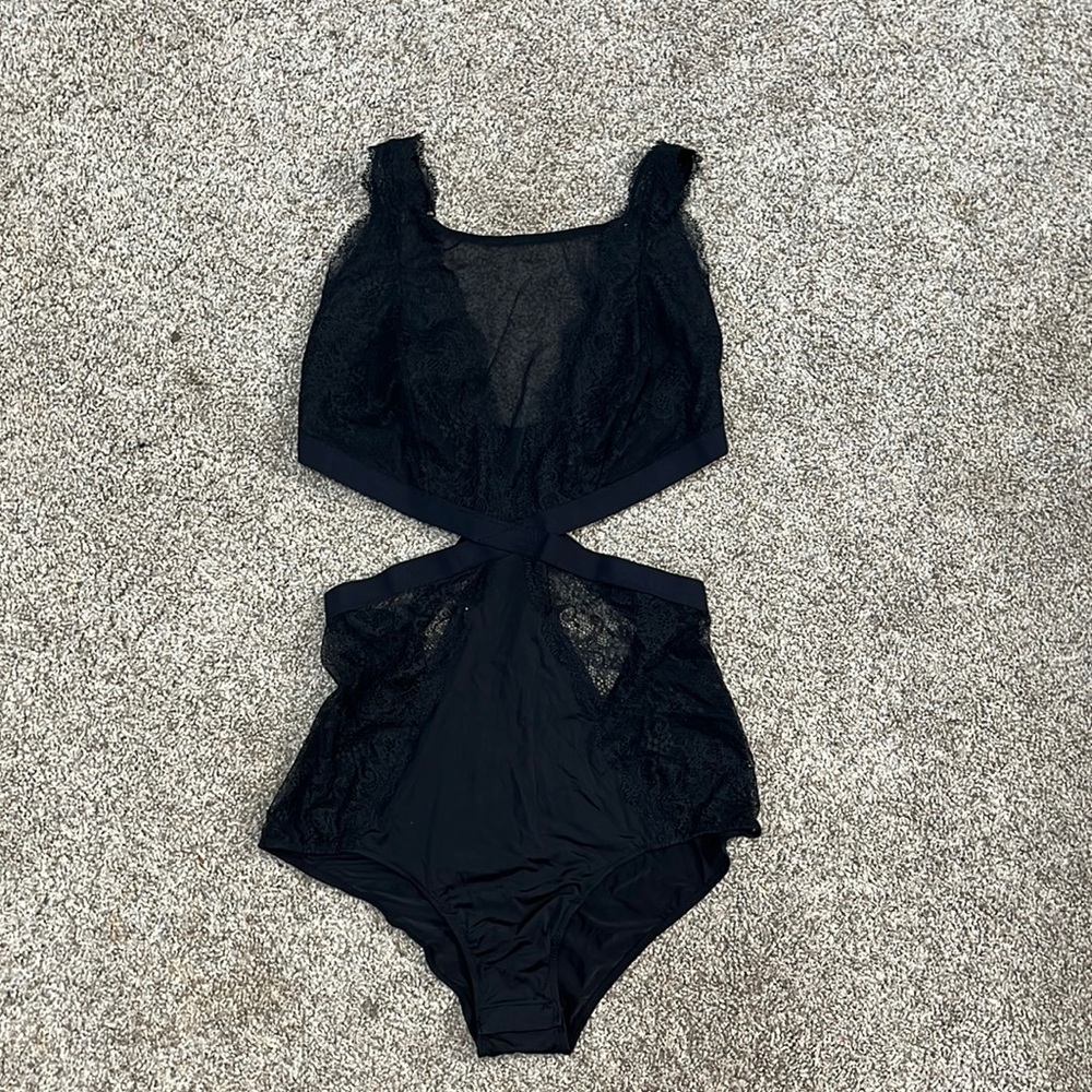 Adore me black lace cutout lingerie bodysuit. Size small.